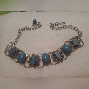 Blue Turquoise Color Pendant Statement Necklace Silver Metal Toned Chain Boho
